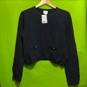 Medium NWT‎ H&M Textured Knit Cropped Sweater With Gold Button Pockets Navy Blue
